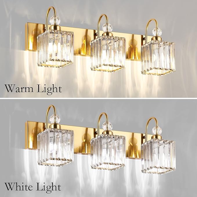 Ralbay Modern Gold Crystal Vanity Lights for Bathroom 3-Lights Crystal Vanity Lights Over Mirror Modern Crystal Gold Bathroom Wall Lighting Fixtures