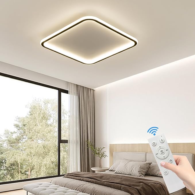 Modern LED Ceiling Light, 23.6IN Square Black Flush Mount Ceiling Lights Fixture with Remote Control, Acrylic Ceiling Lamp for Bedroom Hallway Kitchen Island, 3000k-6500k Dimmable
