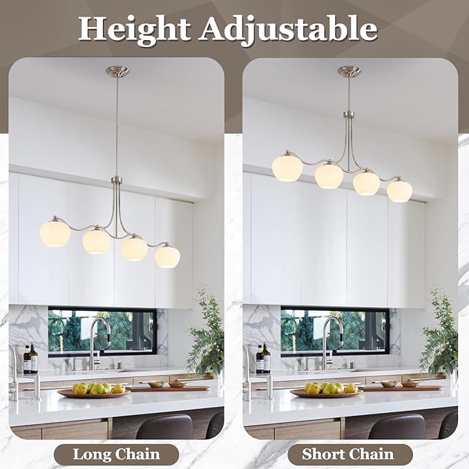 4-Lights 22.4" Brushed Nickel Pendant Light for Kitchen Island with Milk White Glass Lampshade,Adjustable Height Modern Dining Room Chandeliers Chrome Silver Hanging Ceiling Lighting Over Table