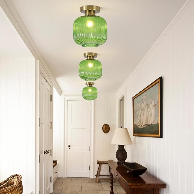 BOKT Modern Semi Flush Mount Ceiling Light with Green Glass Shade Minimalism Gold Ceiling Light 7.9 Inch Close to Ceiling Lamp for Corridor Kitchen Living Room