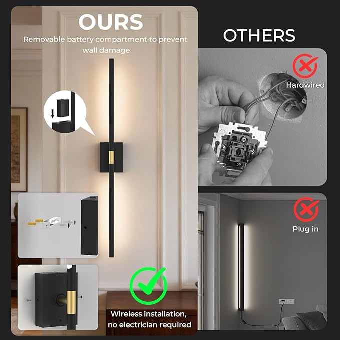 Battery Operated Wall Sconce Set of Two - 10000mAh Cordless Rechargeable Wall Sconces with Remote & Touch Control, 360°Rotate, 4CCT Dimmable Black Wall Lights for Bedroom Living Room, 31.5 inch