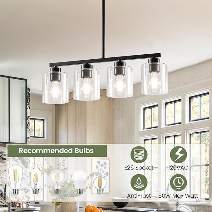 4-Light Kitchen Island Lighting, Black Pendant Light Fixture, Farmhouse Dining Room Light Fixtures Over Table, Modern Hanging Light Fixtures with Clear Glass, E26 Base, Bulbs Not Included
