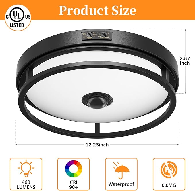 Motion Sensor Outdoor Ceiling Light, 12" Flush Mount LED Dusk to Dawn Porch Lights, Black Ceiling Lamp for Entryway, Garage, Hallway, 2 Pack