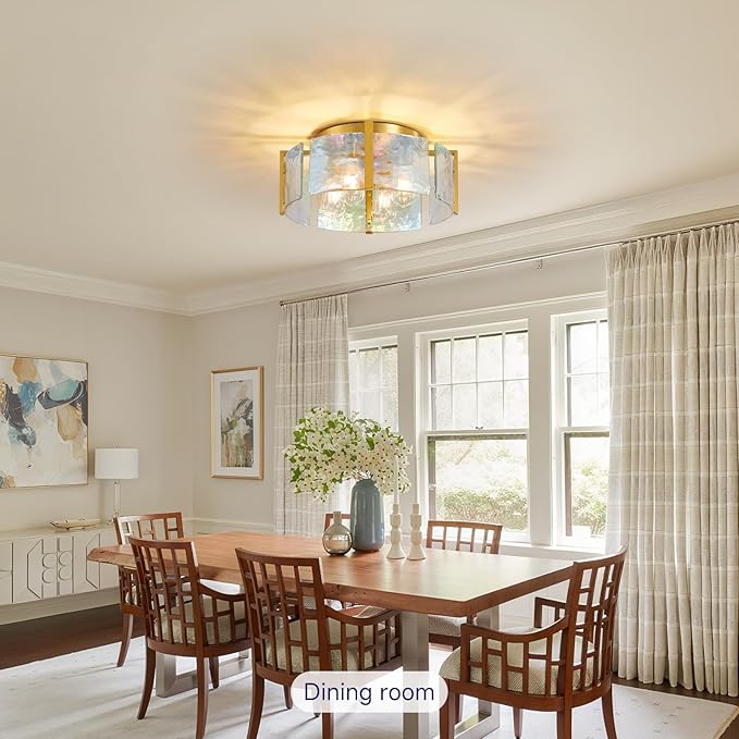 Gold Semi Flush Mount Ceiling Light: 17.7in Kitchen Lights Fixture Ceiling Mount - Modern Bedroom Colorful Glass Drum Indoor Lighting - Mid Century Fixtures for Laundry Room Foyer Hallway Entryway