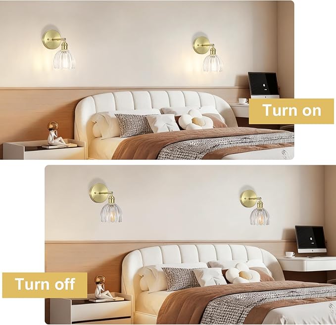 Hardwired Wall Sconces Set of Two, Vintage Wall Lights with Clear Tulip Glass Lampshade, Gold Wall Lamps for Bedroom Bedside Stairway Bathroom Living Room (Bulbs Not Included, Not Battery Powered)