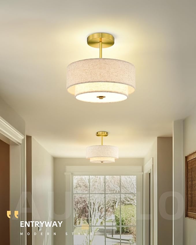 AUTELO Semi Flush Mount Ceiling Light, 12" Gold Light Fixtures Ceiling Mount in Brushed Gold Finish with Drum Fabric Shade for Hallway Bedroom Kitchen, C2506 BG-12