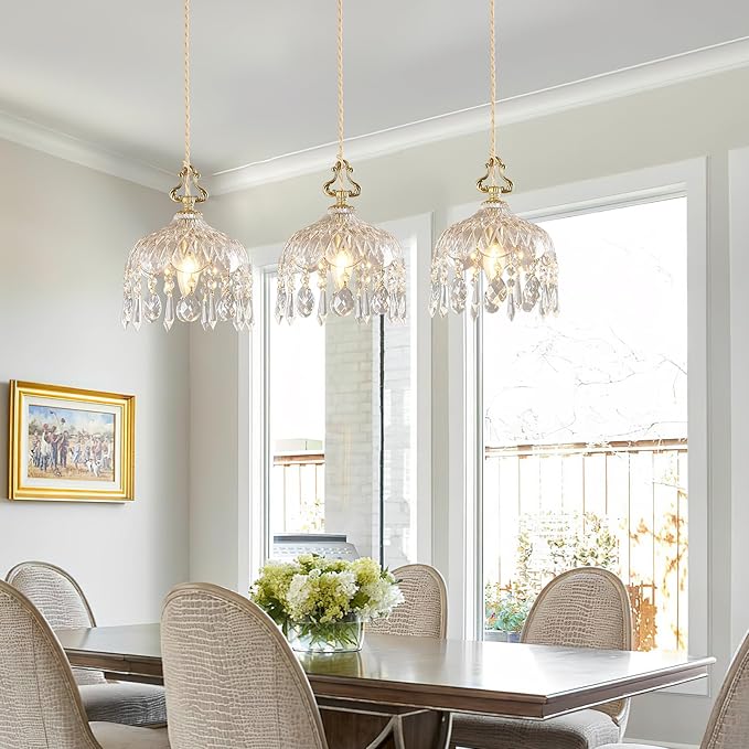 3-Light Pendant Light Fixtures Brass Vintage Glass Pendant Lights Crystal Hanging Light Fixtures,Adjustable Height Pendant Lighting for Dining Room Living Room Bedroom Hallway(Long Chassis)