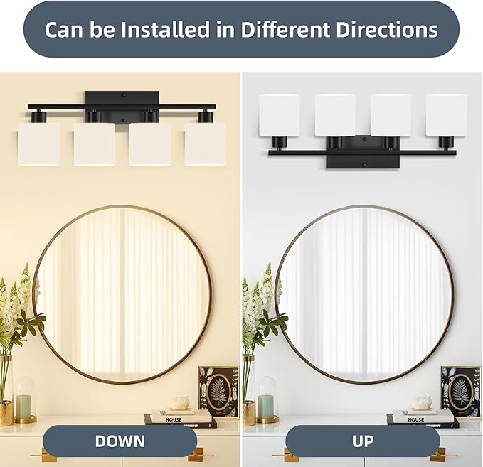 CANMEIJIA 4-Light Bathroom Vanity Light Fixtures, Matte Black Vanity Wall Scones Lighting for Bedroom Living Room, Modern Vanity Lights with Milky White Glass Shades, E26 Socket, Bulbs Not Included
