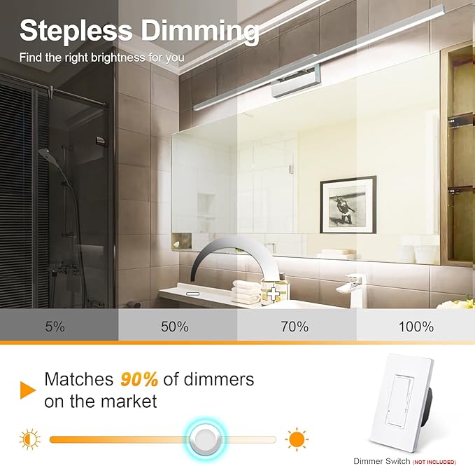 VOLISUN 48-Inch Dimmable Bathroom Vanity Light, 30W 5CCT LED Fixture Over Mirror, Chrome, ETL Certificated