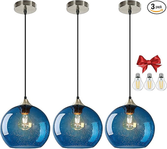 9.1in Large Blue Glass Pendant Light for Kitchen Island, 3-Pack with Extra LED Bulbs & 4.92ft Adjustable Cord | Modern Minimalist Lighting for Dining Room, Living Room, Entryway