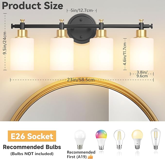 4-Light Bathroom Vanity Light, Modern Black and Gold Vanity Lights for Bathroom, White Frosted Glass Shades, Anti-Rust Vanity Light Fixture over Mirror, 23 Inch (Bulbs Not Included, E26 Base)