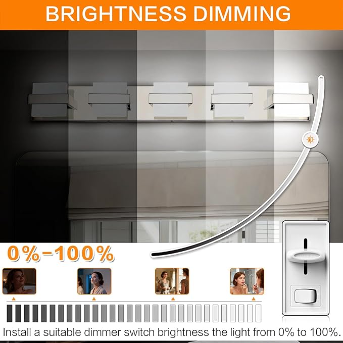 SOLFART Chrome Bathroom Light Fixture, 5 Light LED Vanity Lights Over Mirror, Lights for Bathrooms,5 Color Temperature Adjustable Vanity Lights for Bath Nickel