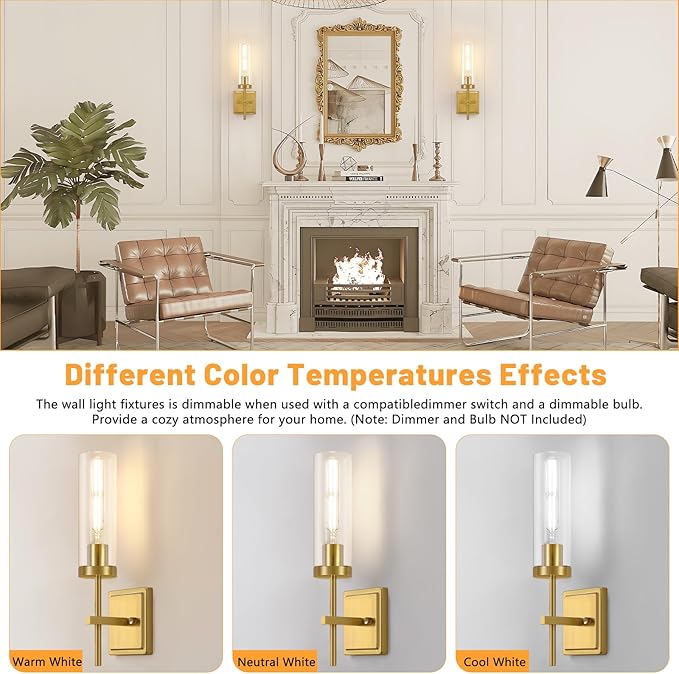 Gold Wall Sconces Lighting Set of 2, Hardwired Bathroom Vanity Light Fixture with Clear Glass Shade, Farmhouse Wall Mounted Lights for Mirror Bedroom Living Room Kitchen (Bulbs Not Included)