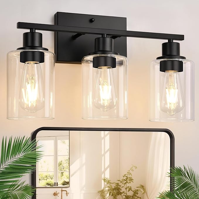 Indoi 3 Light Bathroom Light Fixtures, Matte Black Modern Vanity Lights with Clear Glass Shade, Bathroom Wall Lamp for Mirror Kitchen Living Room Hallway Cabinet Porch