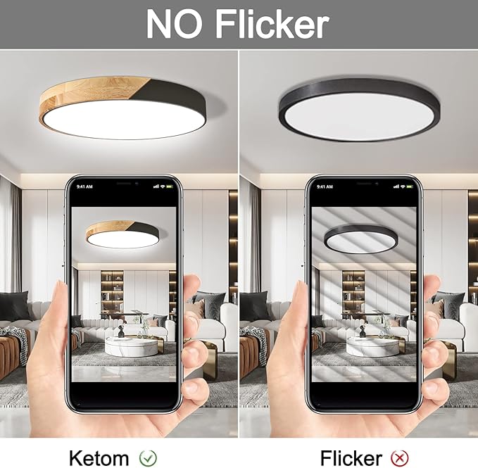Led Ceiling Light Flush Mount: 15.8 Inch 30W Bedroom Light Fixture with Round Wood Modern Black Flat Overhead Minimalist Ceiling Lamps for Kitchen Hallway Laundry Cold White 6000K, Not Dimmable