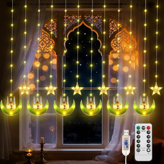 Lewondr Ramadan Curtain String Lights, 138 LED Moon Castle Star Fairy Lights with 6H Timer, 8 Modes, Remote Control, USB Powered Curtain String Light, Eid Mubarak Decorations for Ramadan Home, Green