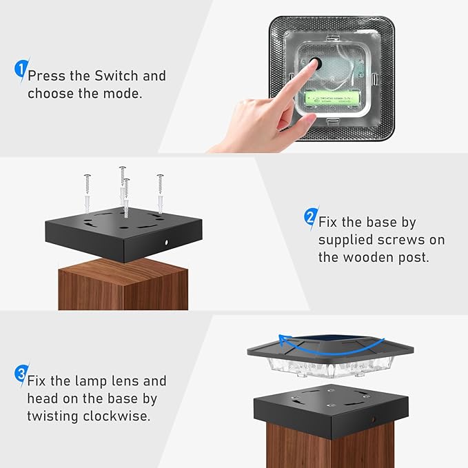 Peasur 20 Packs 4x4 Post Solar Lights 3 Lighting Modes, Black Solar Powered Cap Lights Fits 4×4/3.5×3.5 Wood/Vinyl Posts, Waterproof Post Top Light Outdoor for Fence Deck Mailbox Porch Railing