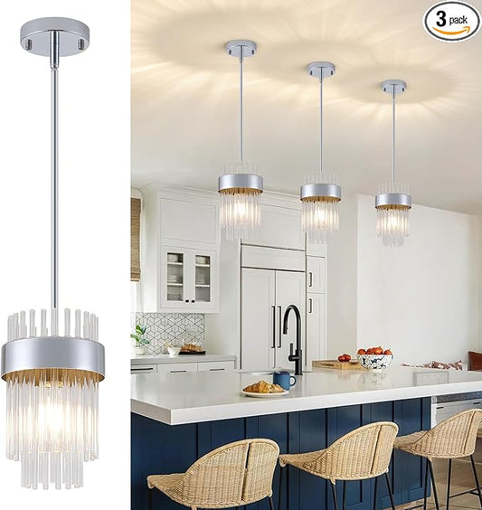 Dijiahua Chrome Pendant Lights Kitchen Island 3 Pack, Modern Hanging Kitchen Pendant Lighting Over Sink with Crystal Glass,Small Chandeliers Fixtures Adjustable Cord Hanging Lighting