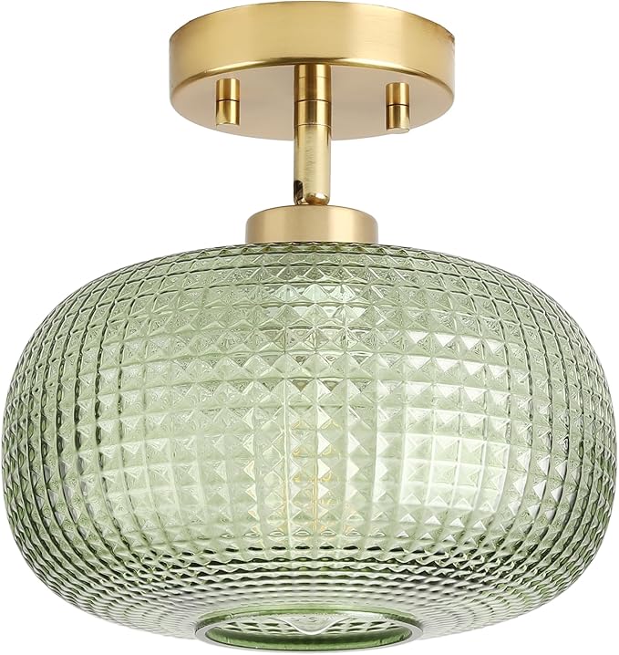 Modern Semi Flush Mount Ceiling Light, Vintage Green Glass Shade with Adjustable Hanging Gold Sloped Ceiling Lights Fixtures for Hallway Entryway Kitchen Bedroom Laundry Room,1-Light,9.84 Inch