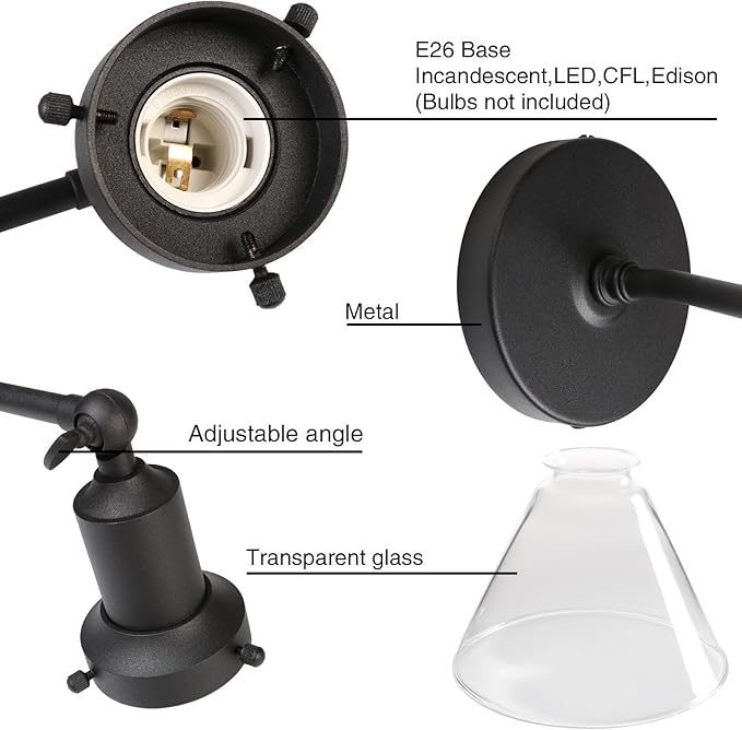 PERMO Industrial Vintage Slope Pole Wall Mount Single Sconce with Funnel Flared Clear Glass Shade Wall Sconce Light Lamp Fixture (Matte Black)