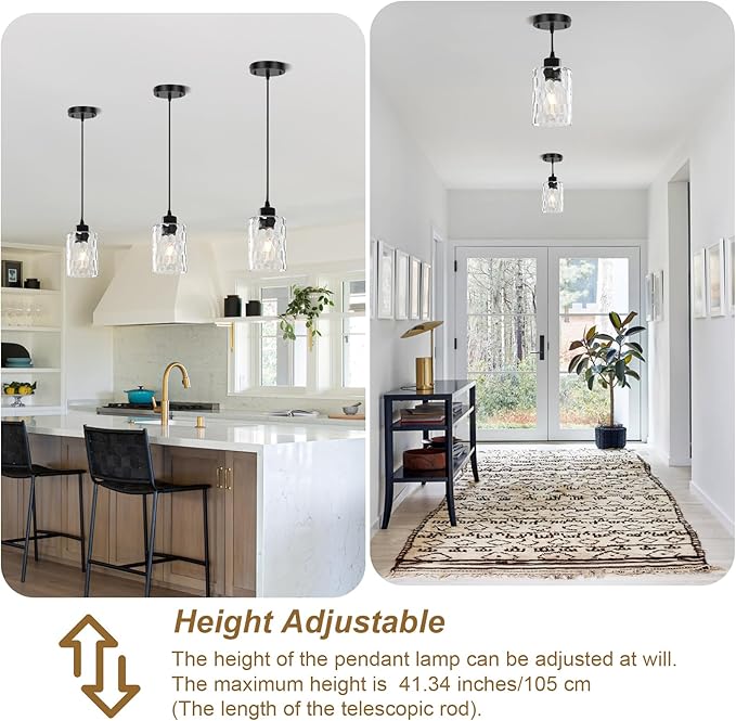 3 Pack Black Modern Pendant Light Fixtures, Adjustable Hanging Lighting with Hammered Glass Lampshade, Black Kitchen Island Pendant Lights for Dining Room Kitchen Living Room Bedroom Foyer