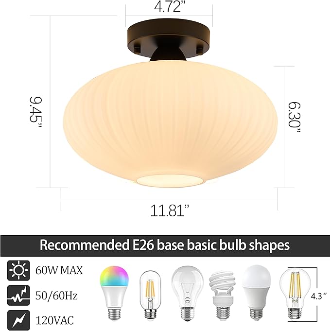 Mid Century Modern Semi Flush Mount Ceiling Light, 12" Black Ribbed Milk Glass Globe Fixture for Hallway, Kitchen, Entryway, Bedroom