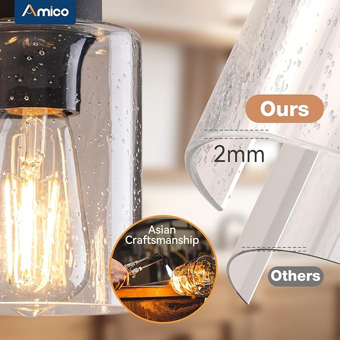 Amico Farmhouse Bathroom Vanity Light Fixtures,Rustic 4-Light Industrial Painted Wood Lights,Vintage Black Wall Sconces Bathroom Vanity Lighting with Bubble Glass Shade