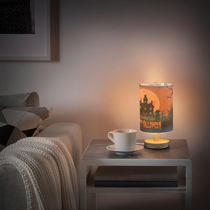 Aslsiy Spooky Castle Halloween Moon Bedside Table Lamp Orange Nightstand Lamp Night Light Fabric Shade for Bedroom Living Room Home Office