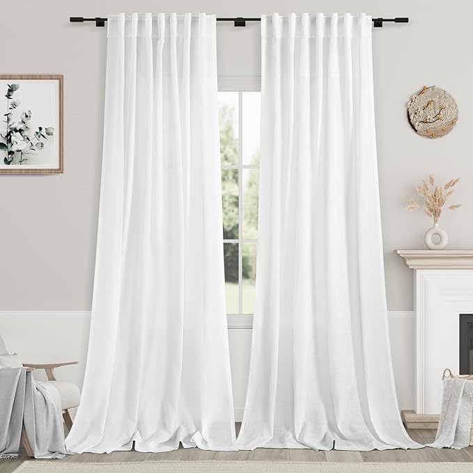 Nanspring Extra Long White Curtain 105 inches Long 2 Panels Set for Living Room Back Tab Modern Farmhouse Decor Cotton Textured Off White Sheer Linen Curtains 105 inch Length for Large Window