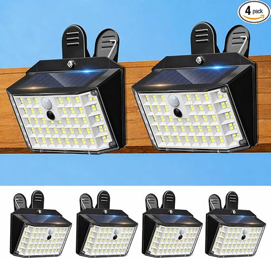 Clip on Solar Lights Outdoor, 176 LEDs 600 LM Solar Motion Sensor Lights Outdoor, IP65 Waterproof 3-Mode Clamp Light for Fence Patio Backyard Deck Garden (4 Pack)
