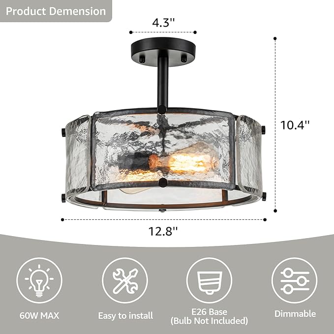 Black Semi Flush Mount Ceiling Light,12.8" Modern Small Dining Room Light Fixture, 2-Light Hammered Glass Farmhouse Ceiling Lights for Hallway Entryway Foyer Bedroom