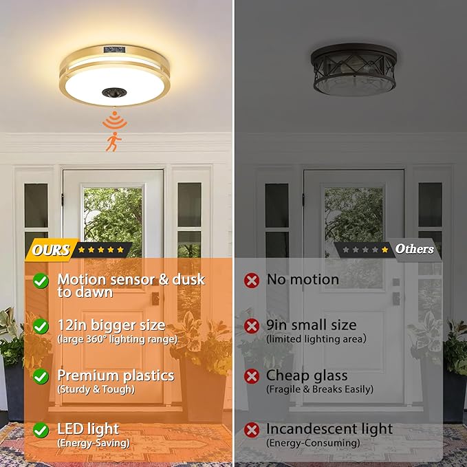 24W LED Motion Sensor Outdoor Ceiling Light, 12IN 2700K/3000K/3500K/4000K/5000K Adjustable Ceiling Lights, Dusk to Dawn Flush Mount LED Ceiling Light Fixture for Porch, Garage, Gold