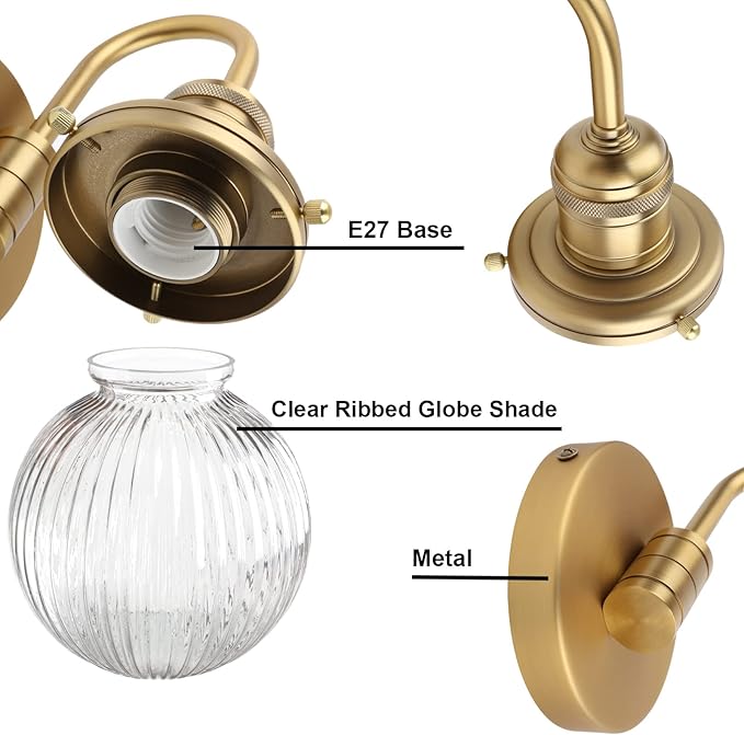 Yosoan 1-Light Brass Modern Vintage Indoor Wall Sconce, Vanity Single Luxury Hardwired Retro Textured Striped Globe Round Clear Glass Shade with Industrial Curved Rod Bathroom Lamp(Antique)