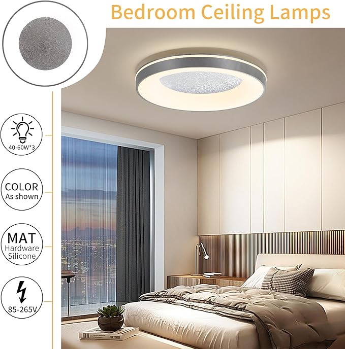 LED Flush Ceiling Light, 15in Grey Round Ceiling Light Dimmable 3000K/4500K/6500K Color Recessed Lamp for Living Room, Bedroom, Office,Hallway