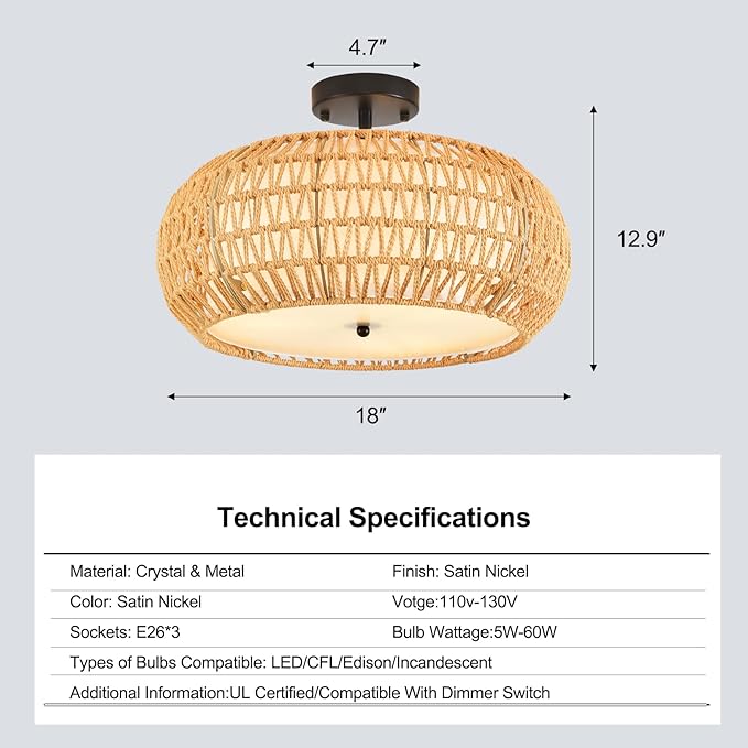 Boho Flush Mount Ceiling Light Fixture 17.8",3 Light Rattan Chandelier Light Fixture Woven Wicker Ceiling Light Fixtures Flush Mount for Hallway Bedroom Kitchen Entryway Living Room Island