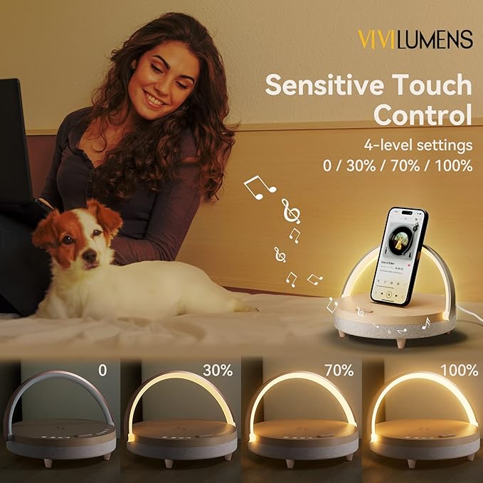 Vivilumens Gifts for Mom 6 in 1 Bedside Lamps with Wireless Charger Bluetooth Speaker White Noise Machine Music Table Lamp with Night Light Personalized Birthday Gift for Women Teens Girls(Rosy Beige