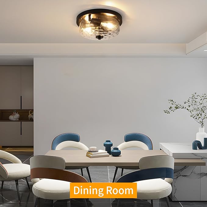 Black Flush Mount Ceiling Light, Farmhouse Hallway Light Fixtures with Water Ripple Glass Shade 2-Light Outdoor Flush Mount Lights for Porch Ceiling, Kitchen, Foyer, Entryway, Dining Room