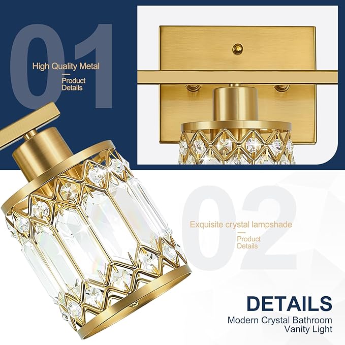 Crystal Modern Bathroom Light Fixtures, 3-Light Brushed Gold Bathroom Vanity Wall Light, Vanity Lights for Mirror, Restroom, Bedroom (E26 Socket, Bulbs Not Included)