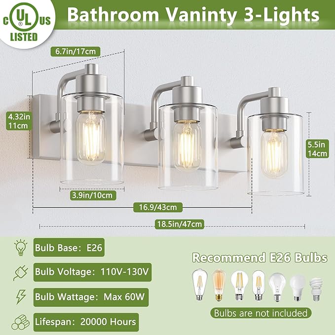 Dpyrrhic Brushed Nickel Bathroom Light Fixtures, Wall Mounted 3-Light Bathroom Lights Over Mirror with Clear Glass Shade,Wall Sconces for Kitchen Living Room Bedroom