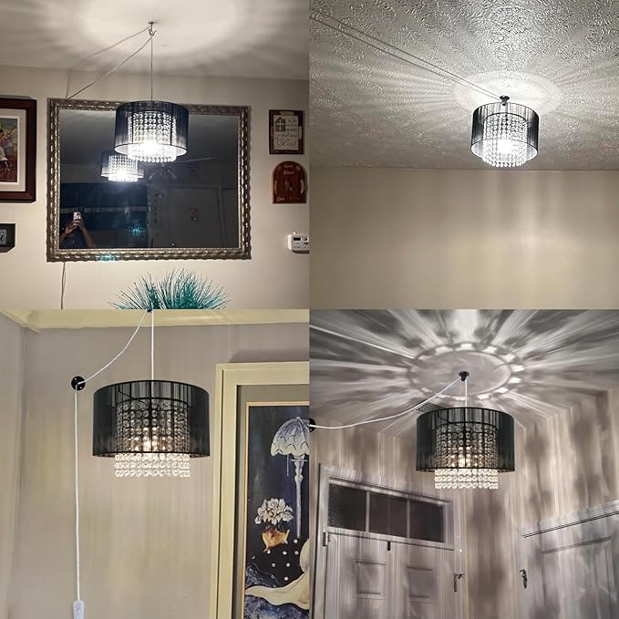 TISLYCO Plug in Chandelier, Crystal Chandelier Lighting with Long Cord 15ft and On/Off Switch, Hanging Pendant Light Plug in, Hanging Lamps That Plug into Wall Outlet for Bedroom Living Room