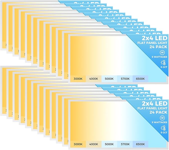 AIKVSXER 24 Pack 2x4 LED Flat Panel Light, Dimmable Recessed Drop Ceiling Light Fixture for Office Kitchen,9100LM,Switchable 5CCT 3000K/4000K/5000K/5700K/6500K, 5 Wattages 30W/40W/50W/60W/70W