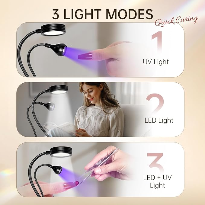 AORAEM LED Nail Lamp Double-Headed U V LED Light Quicky-Dry Nail Manicure Dryer Curing Light with Portable Gooseneck and Clamp Flash Cure U V Light for Gel Nails Professional Home DIY Salon Black