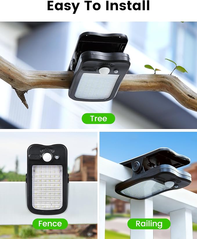 Clip on Solar Lights Outdoor, Solar Motion Sensor Lights Outdoor with Waterproof 3 Modes, 60LEDs 500LM Portable Security Light for Fence, Deck, Yard, Camping, USB Charging, 6 Black