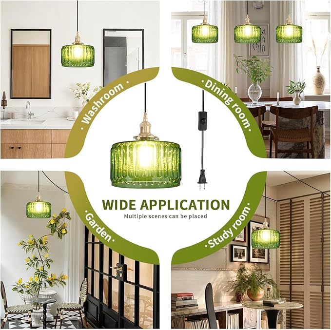 Plug in Pendant Light Green Glass Pendant Lamp Striped Glass Shade Vintage Plug in Ceiling Hanging Lamp 1-Light with Plug in Cord Swag Ceiling Light for Kitchen Island Living Room