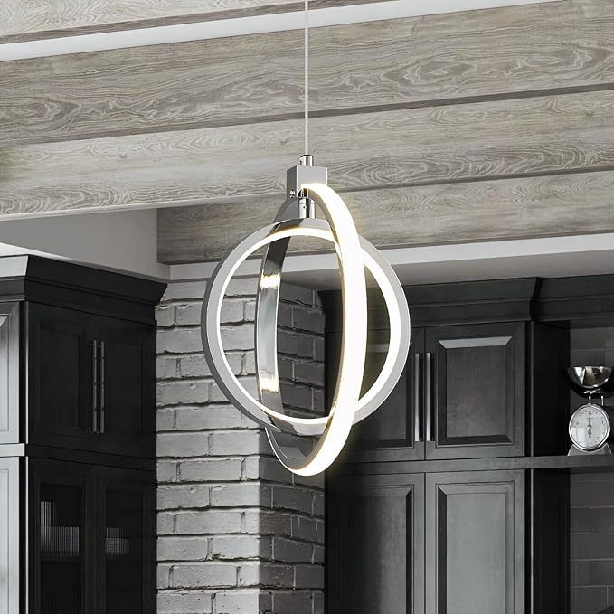 Modern LED Chandelier Chrome Ring Pendant Light Fixtures 4000K Dimmable Height Adjustable Pendant Lighting for Dining Room Kitchen Island Bedroom Living Room Foyer（Chrome Round 3-Pack）