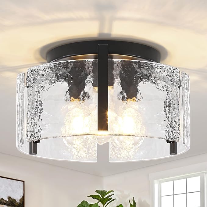 15'' Modern Black Semi Flush Mount Ceiling Light, Hallway Light Fixtures, 3-Light Glass Ceiling Lights for Entryway Kitchen Island Dining Room Foyer Bedroom Laundry Room Bathroom Lighting Fixtures