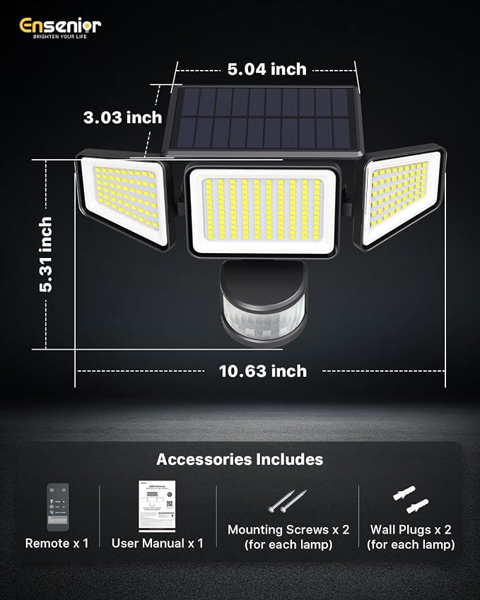Ensenior Solar Motion Lights Outdoor, 228 LED Solar Security Lights with Remote Control, IP65 Waterproof 3 Heads Flood Light with 4 Modes, 270° Wide Angle Motion Sensor Light Outside - 4 Packs