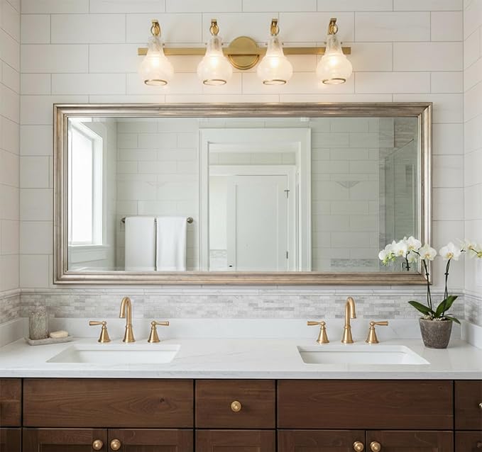 Savoy House 8-4417-4-322 Adams Modern Vintage Traditional White Strie Glass Bathroom Vanity Wall Light, 4-Light 240 Total Watts, 9" H x 32" W, Warm Brass