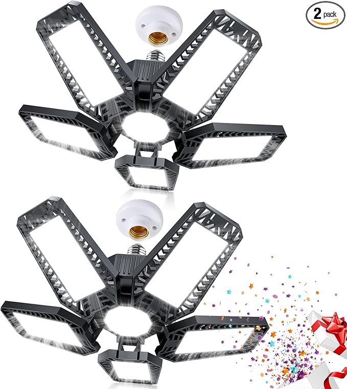 LED Garage Light - 160W 16000LM 6500K LED Garage Ceiling Lights, Screw in Shop Lighting 5+1 Deformable Panels for Attic, Basement, Workshop, E26/E27 (2)