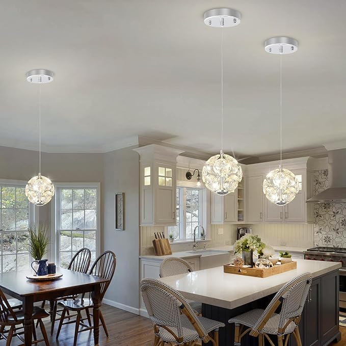 ykolupty Pendant Lights Kitchen Island Crystal Globe Chandelier LED Silver Island Light Crystal Pendant Light for Dining Foyer Entrance